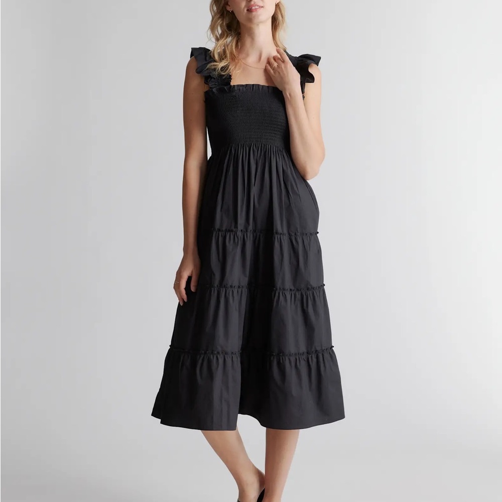 NWT Quince 100% Organic Cotton Poplin Smocked Midi Dress- Black Size L. - Picture 6 of 10